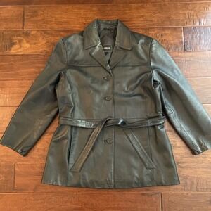 Outbrook Genuine Black Leather Blazer Jacket Size Medium Button Up Attached Belt